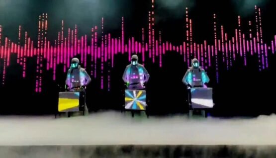 Innovative Dance Crew Performance. Dance crew in futuristic costumes with LED visuals and soundwave background, showcasing high-energy urban dance routines.